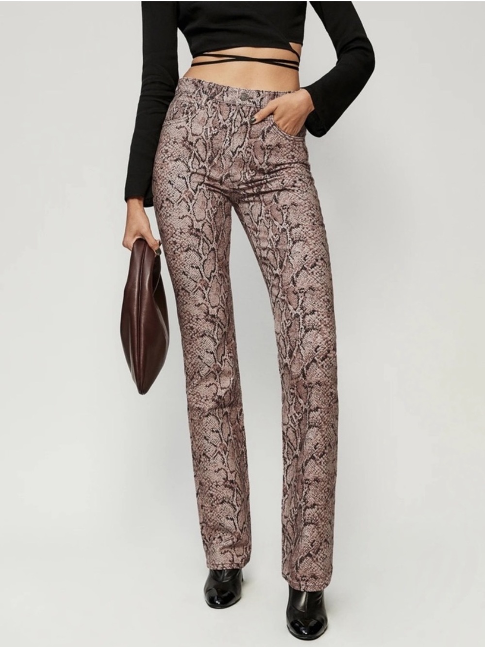 Reformation Peyton Snake-Print High-Rise Bootcut Jeans in Taupe and Black | 28